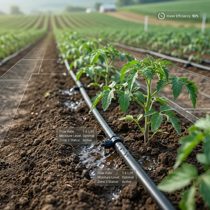 Drip irrigation lines watering crops