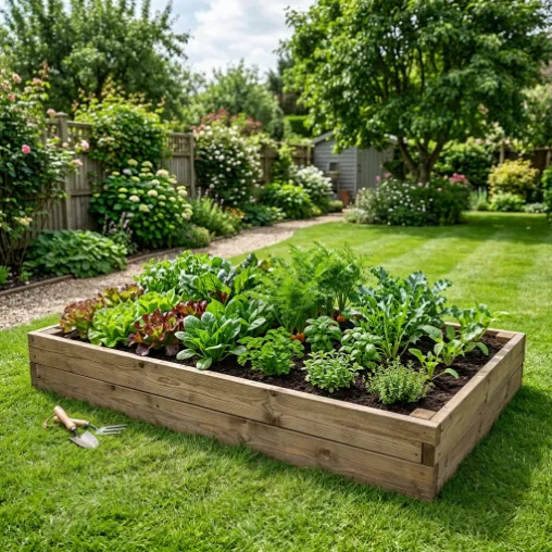 Wooden raised garden bed with plants