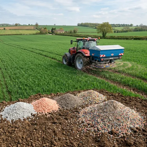 Person pushing a broadcast spreader on a green lawn