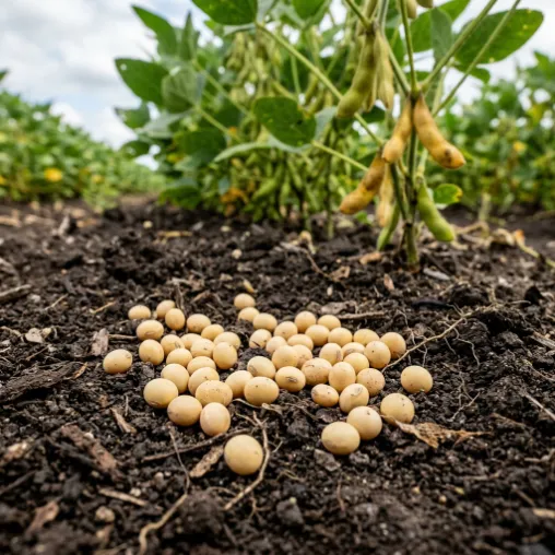 Soybean seedling emerging from soil